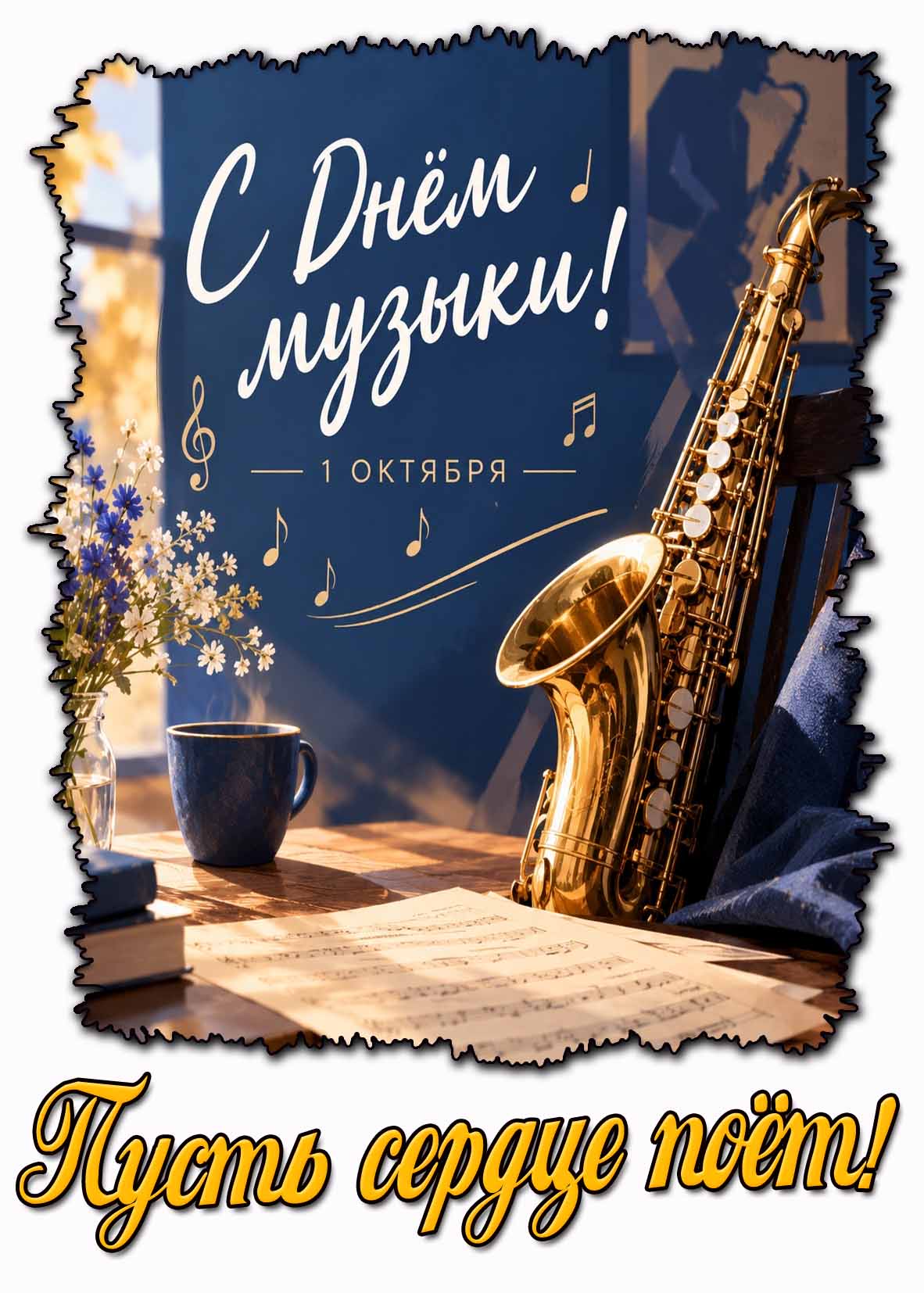 Красивая открытка 1 октября - с днём музыки! Пусть сердце поёт!