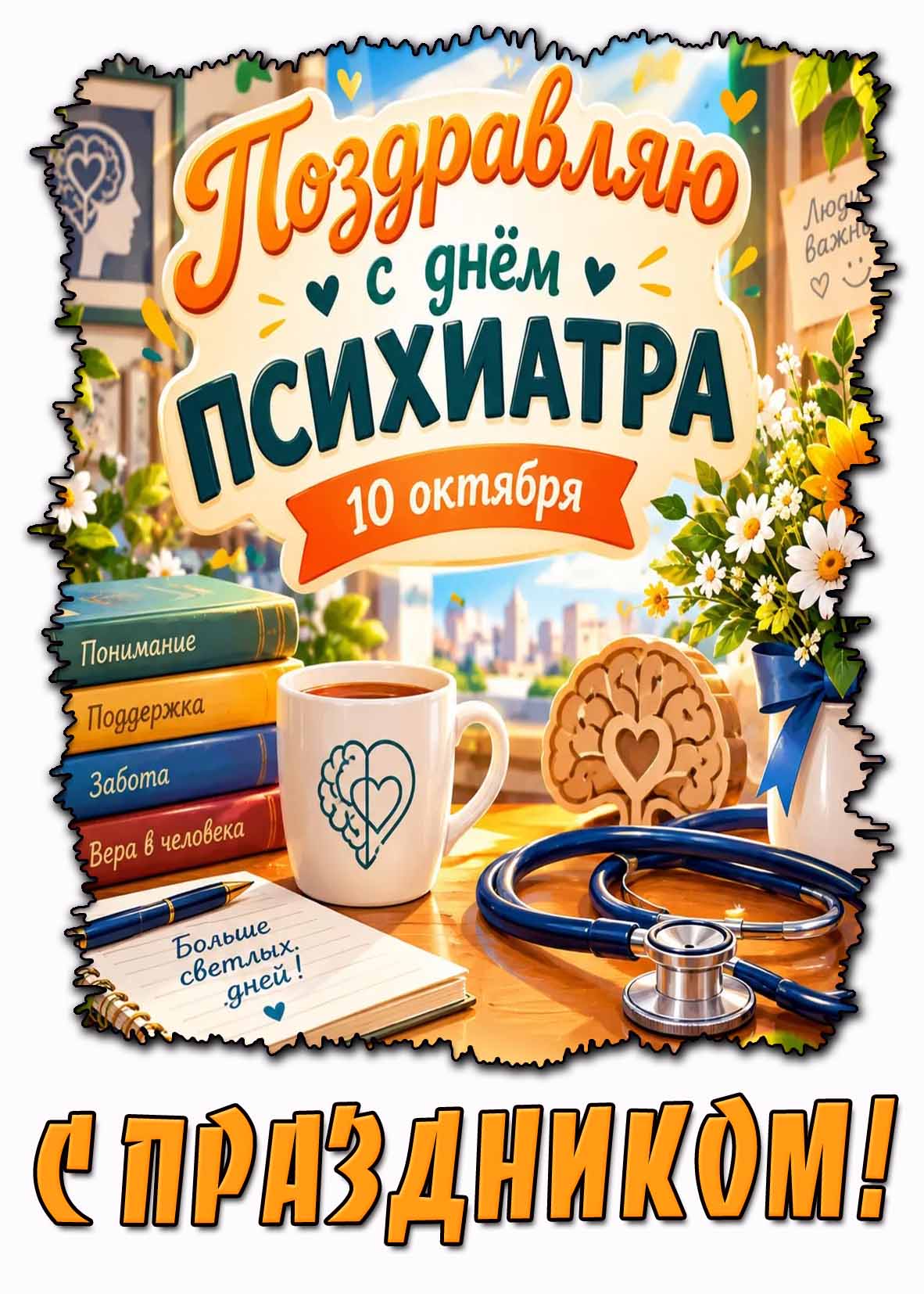 Красивая открытка 10 октября - поздравляю с днём психиатра! С праздником! Больше светлых дней!