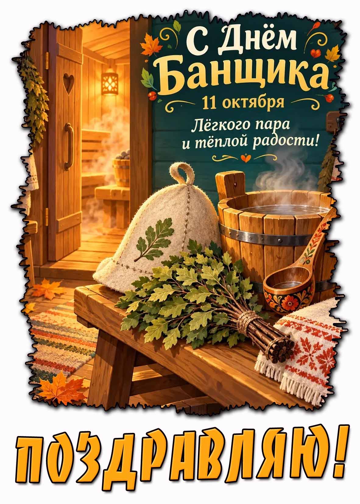 Красивая открытка 11 октября - с днём банщика! Лёгкого пара и тёплой радости! Поздравляю!