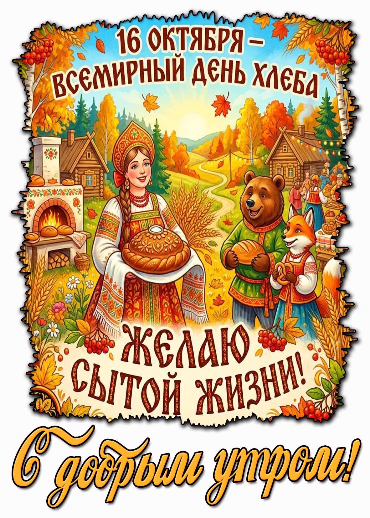 Красивая открытка 16 октября - Всемирный день хлеба! С добрым утром! Желаю сытной жизни!
