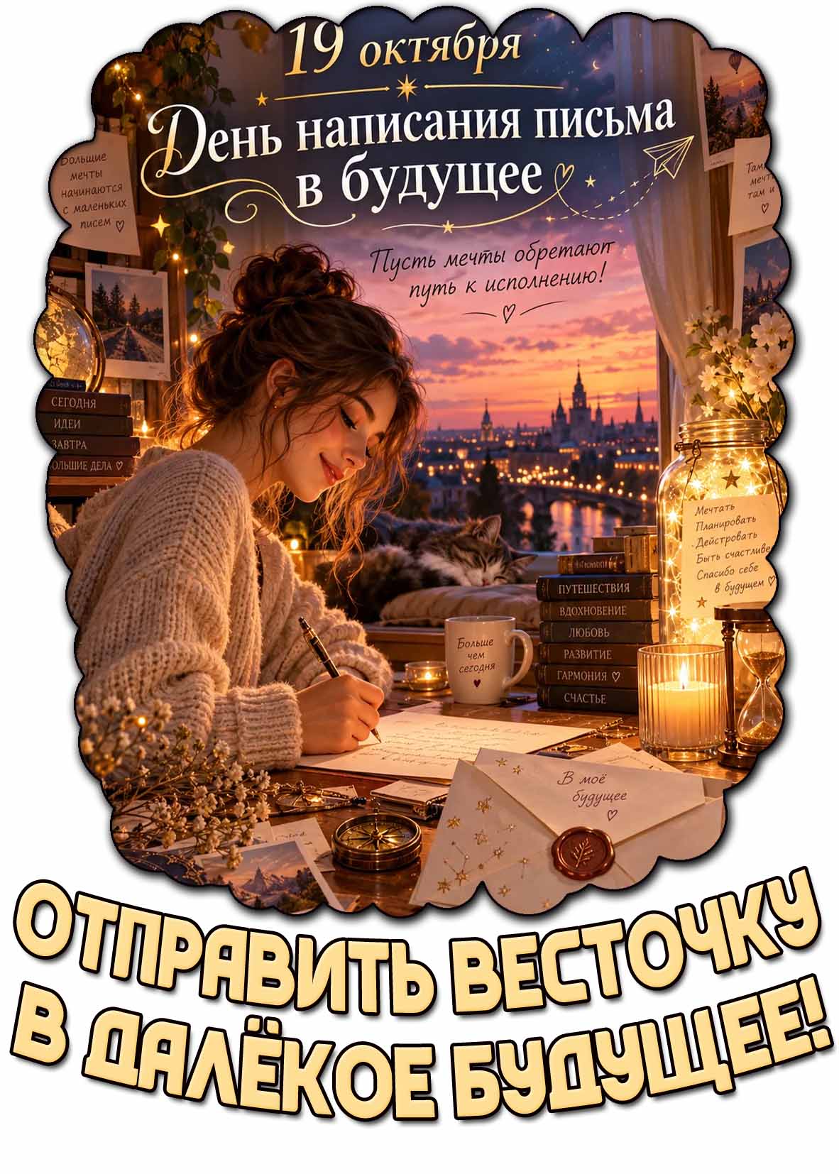 Красивая открытка 19 октября - день написания писем в будущее! Отправить весточку в далёкое будущее!