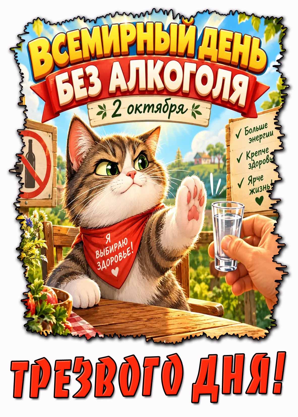 Красивая открытка 2 октября - Всемирный день без алкоголя! Я выбираю здоровье! Трезвого дня!