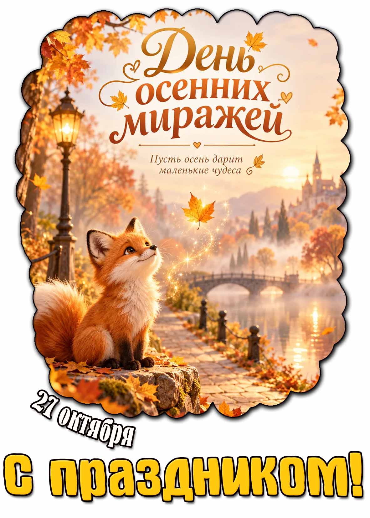 Красивая открытка 27 октября - день осенних миражей! Пусть осень дарит маленькие чудеса! С праздником!
