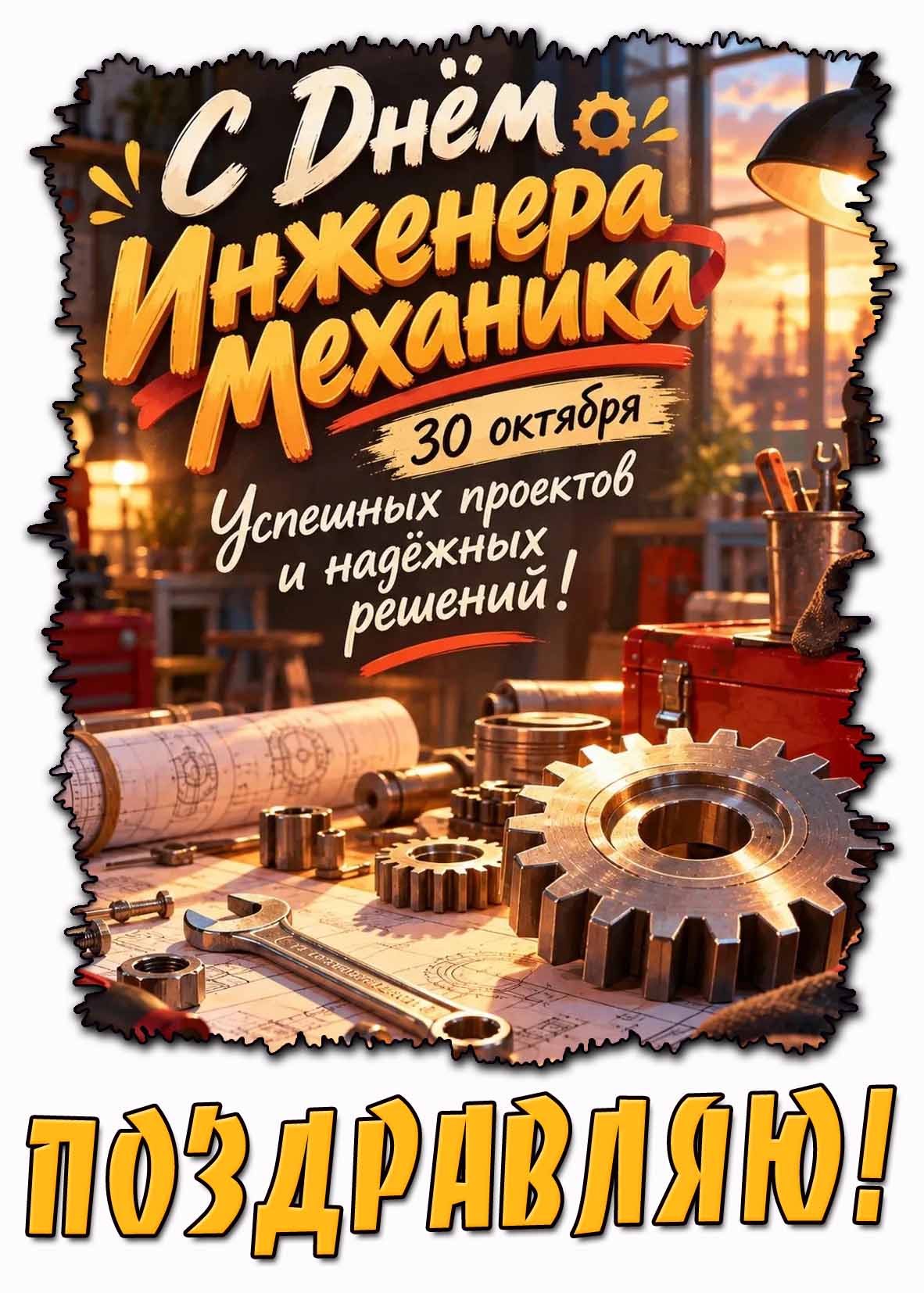 Красивая открытка с шестерёнками, чертежами и гаечным ключом на столе к празднику 30 октября - с днём инженера-механика! Успешных проектов и надёжных решений! Поздравляю! Красивая открытка 30 октября - с днём инженера-механика! Успешных проектов и надёжных решений! Поздравляю!