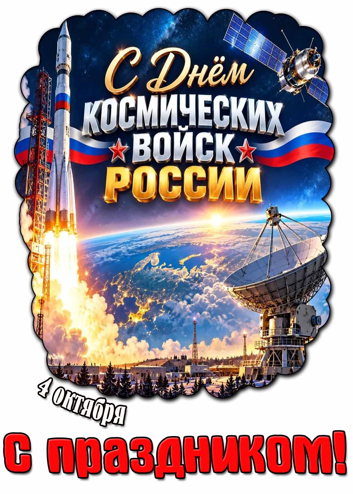 Красивая открытка 4 октября - с днём космических войск России! С праздником!