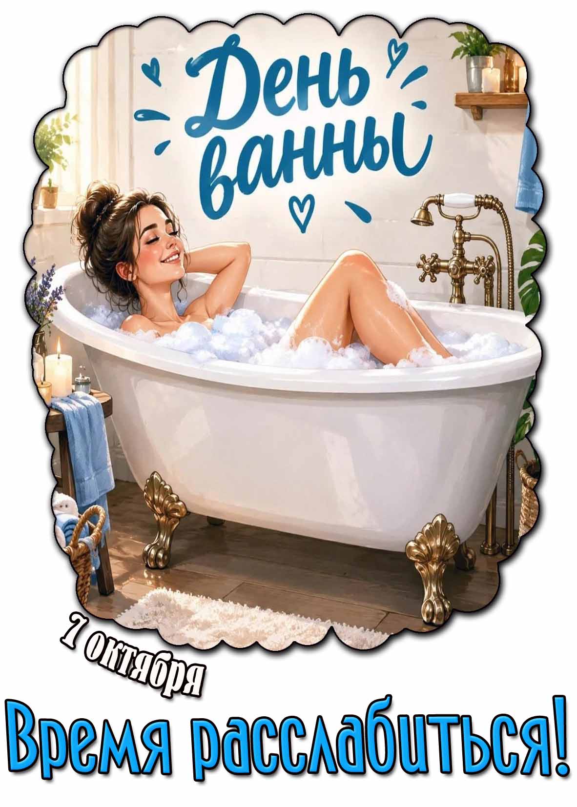 Красивая открытка 7 октября - день ванны! Время расслабиться!