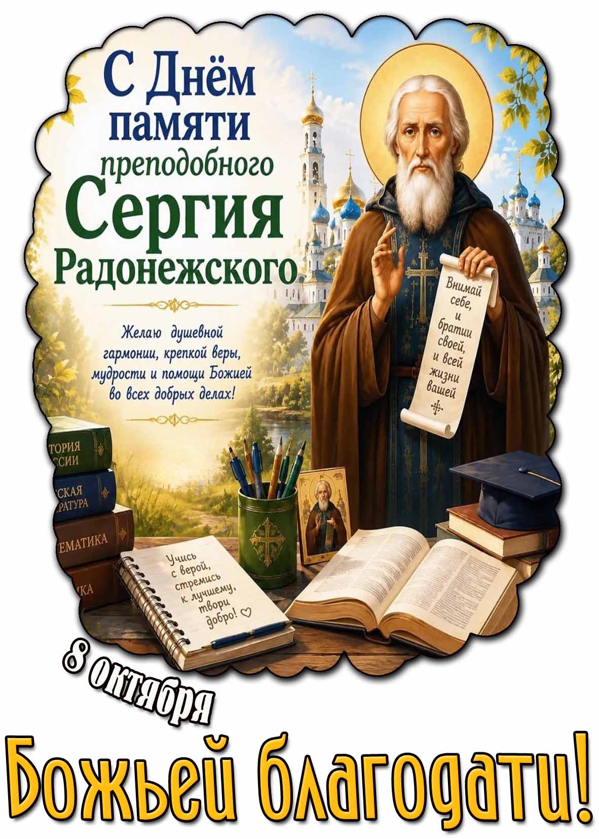 Красивая открытка 8 октября - с днём памяти преподобного Сергия Радонежского! Желаю душевной гармонии, крепкой веры, мудрости и помощи Божией во всех делах! Божией благодати!