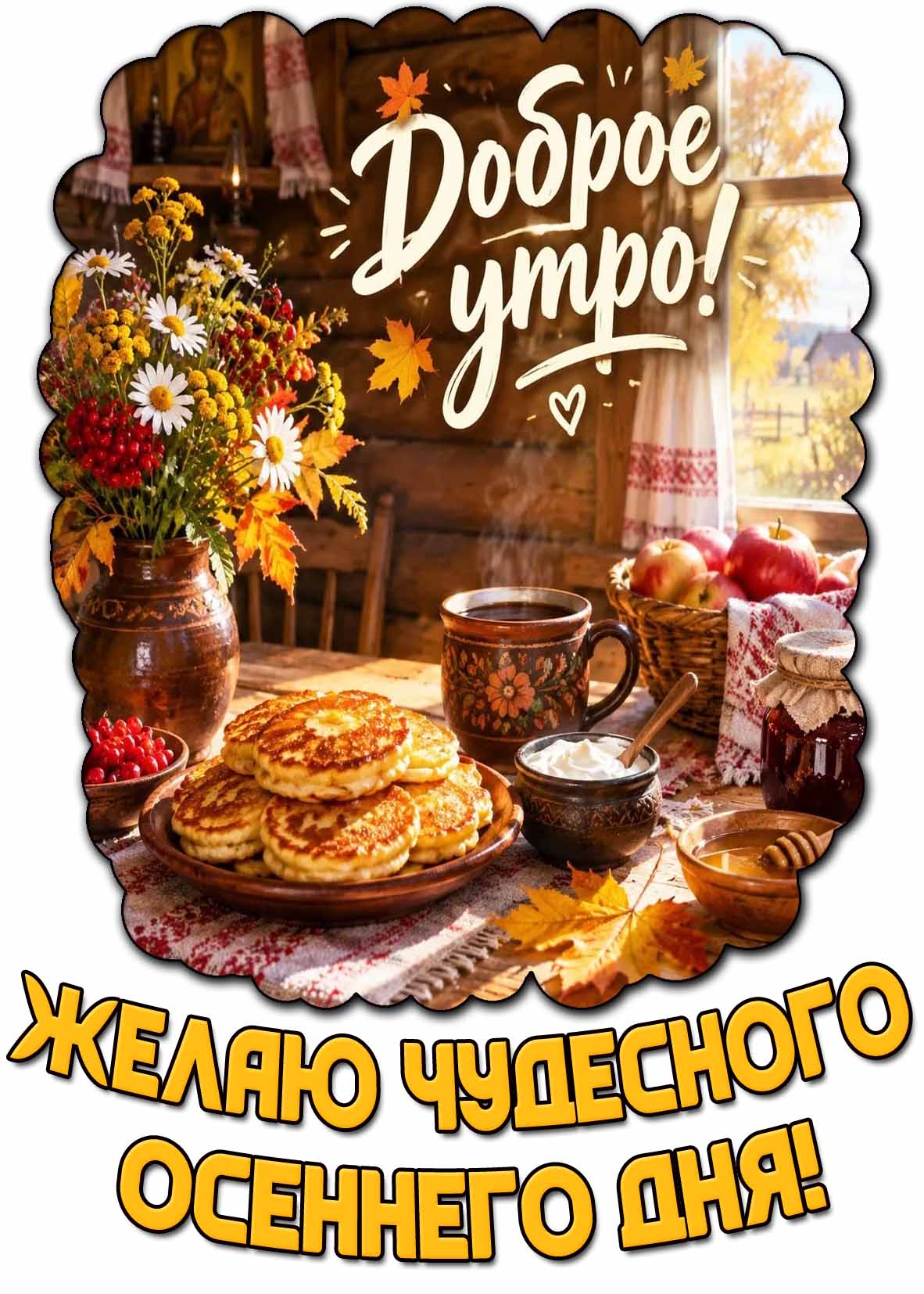 Красивая открытка с букетом из цветов с кленовыми листьями, завтраком (оладья, кофе, сметана, варенье, мёд) и надписью : Доброе утро! Желаю чудесного осеннего дня! Красивая открытка "Доброе утро! Желаю чудесного осеннего дня!"