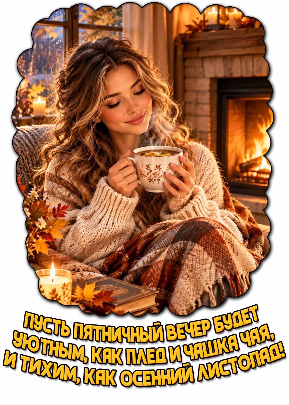 Открытка со свечой, красивой девушкой под пледом с чашкой чая на фоне камина и надписью : Пусть пятничный вечер будет уютным, как плед и чашка чая, и тихим, как осенний листопад!