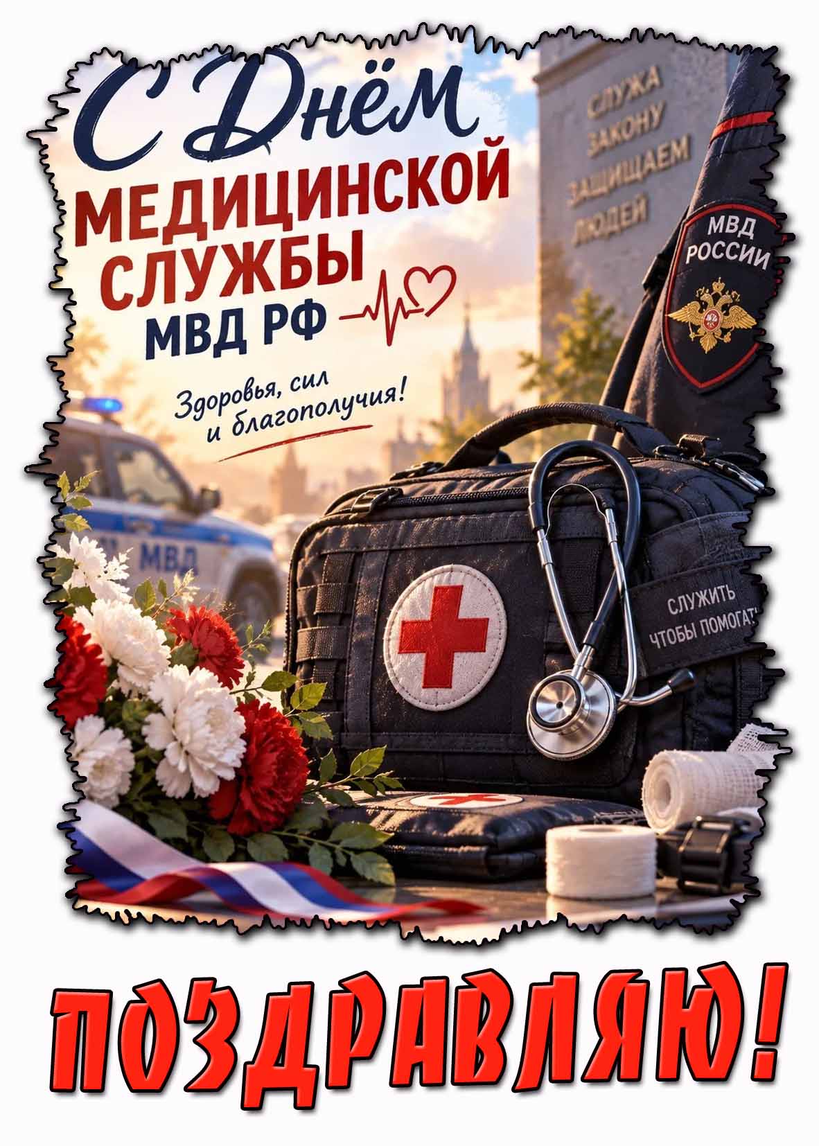 Красивая открытка "С днём медицинской службы МВД РФ! Здоровья, сил и благополучия! Поздравляю!"