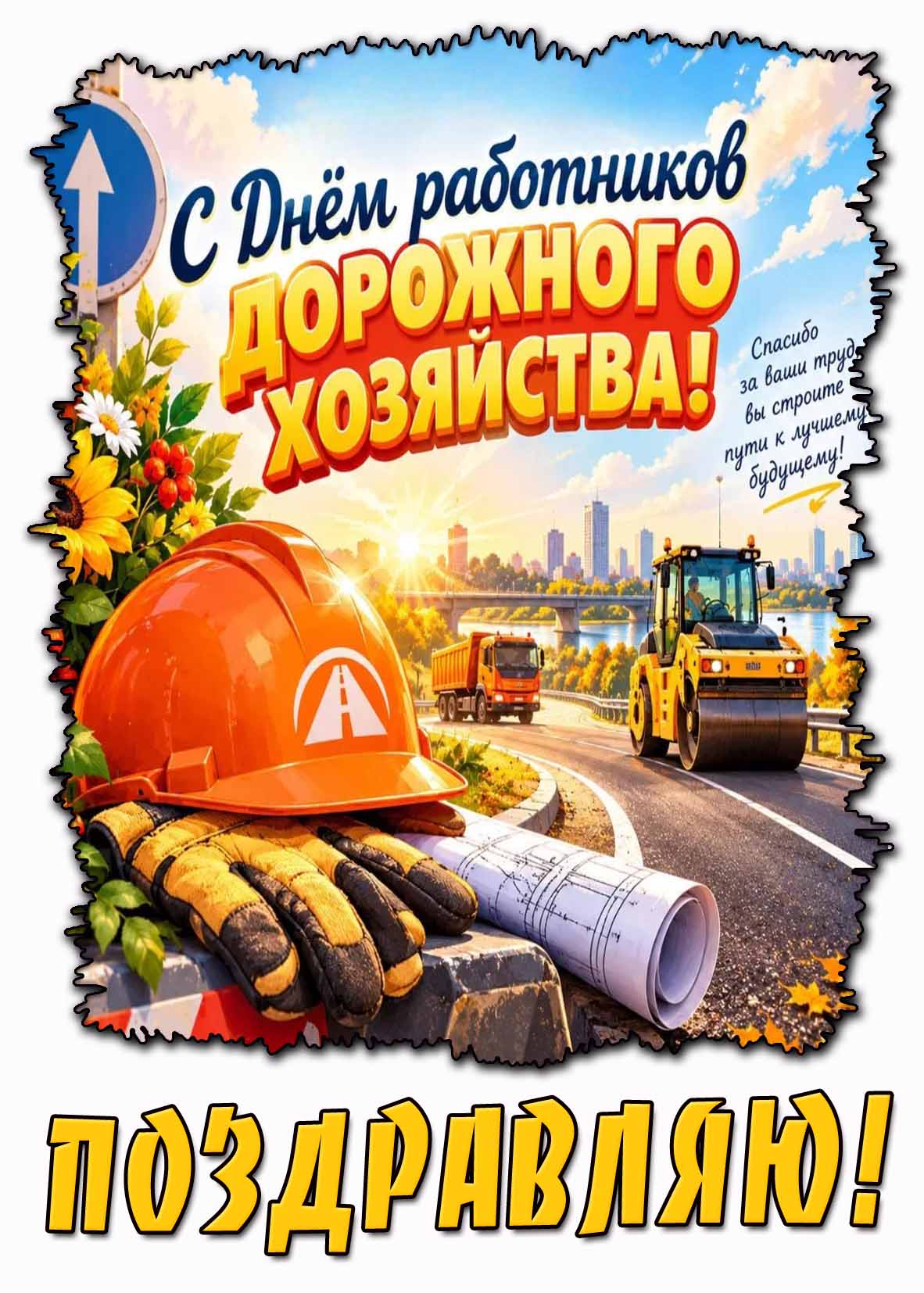 Красивая открытка "С днём работников дорожного хозяйства! Спасибо за ваш труд, вы строите пути к лучшему будущему! Поздравляю!"