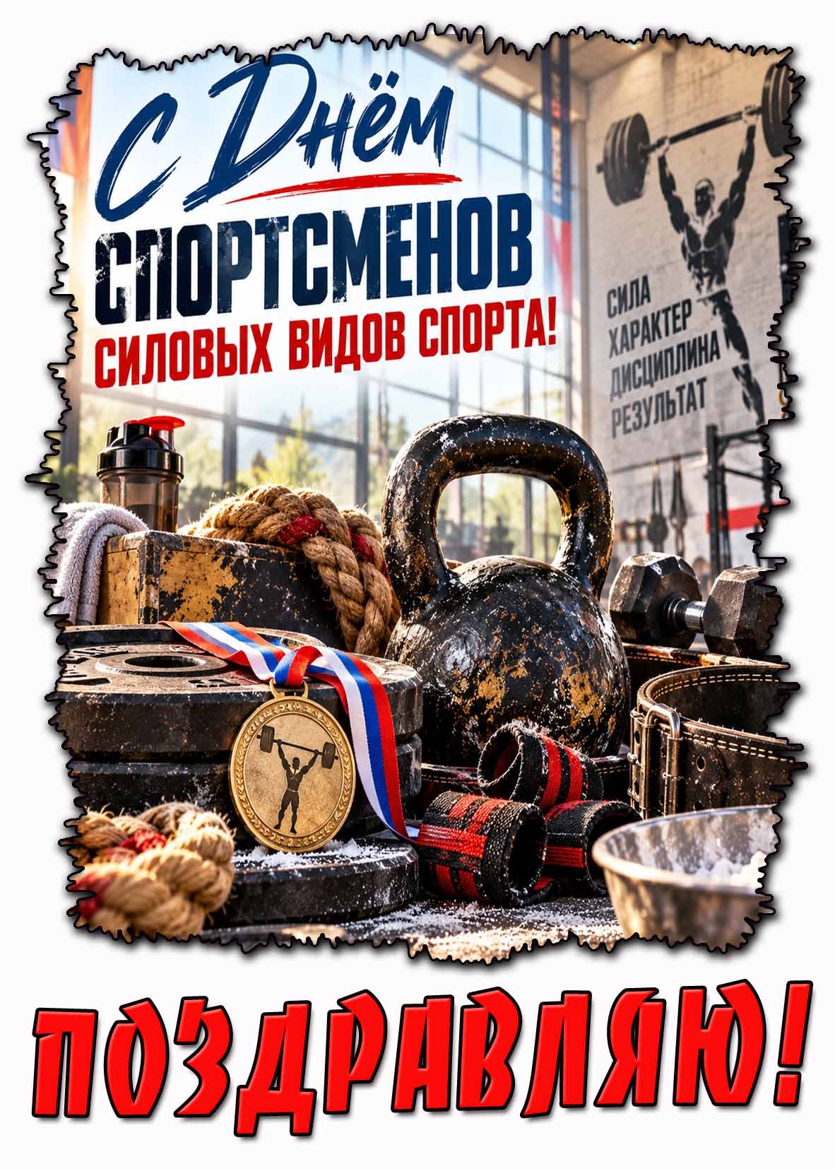 Красивая открытка "С днём спортсменов силовых видов спорта! Сила! Характер! Дисциплина! Результат! Поздравляю!"