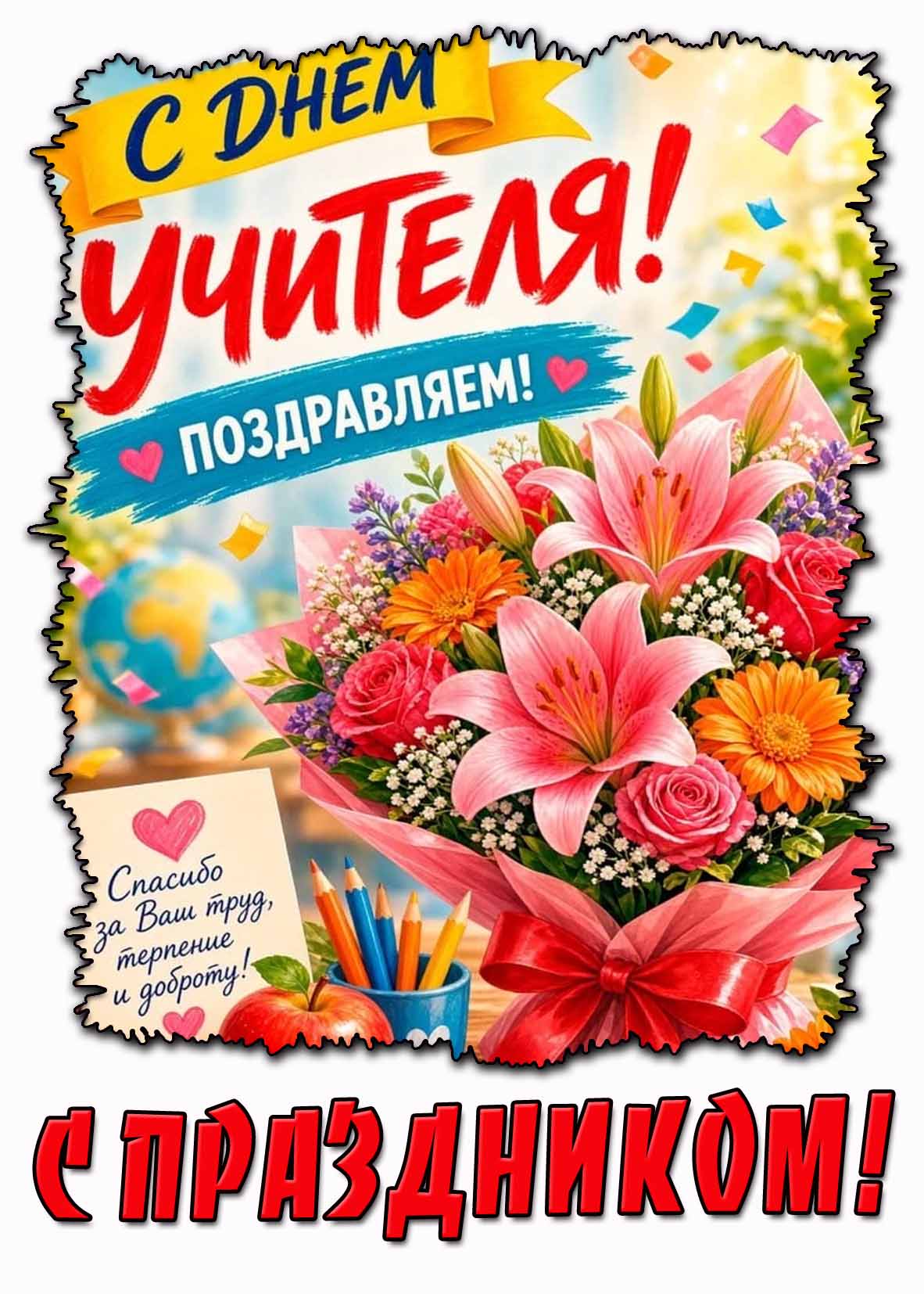 Красивая открытка "С днём учителя! Поздравляем! Спасибо за ваш труд, терпение и доброту! С праздником!"