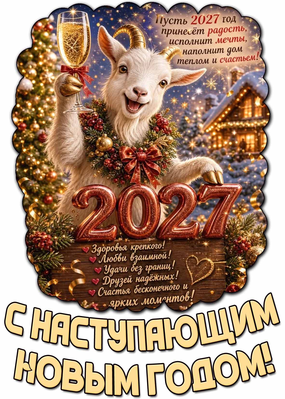 Красивая открытка "С наступающим Новым годом 2027! Здоровья крепкого! Любви взаимной! Удачи без границ! Друзей надёжных!"