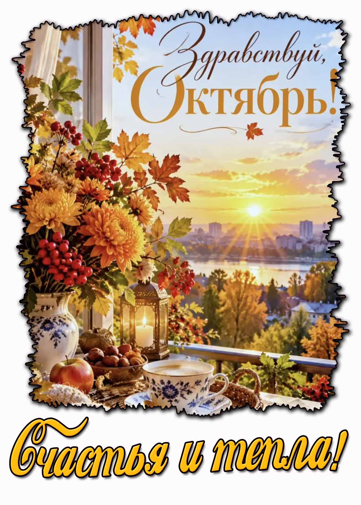 Красивая открытка "Здравствуй, октябрь! Счастья и тепла!"