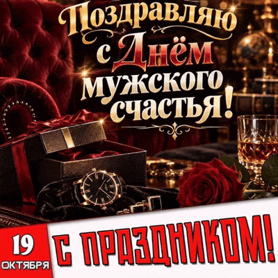 Стильная анимированная и мерцающая gif картинка (гифка) с часами, коньяком, розой и драгоценностями к 19 октября - Поздравляю с днём мужского счастья! С праздником! Мерцающая gif картинка 19 октября - Поздравляю с днём мужского счастья! С праздником!