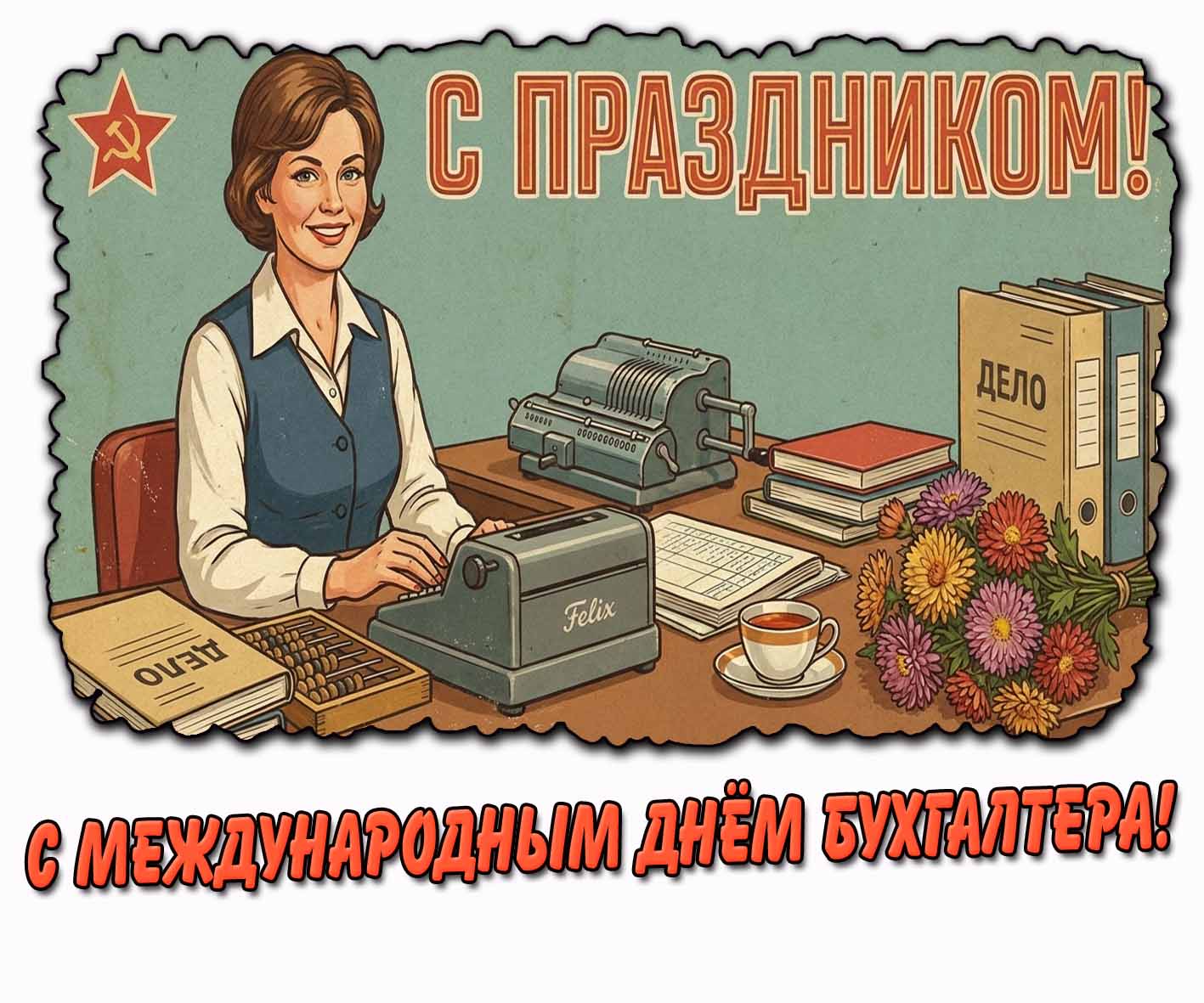 Красивая открытка в Советском стиле с женщиной за рабочим столом с чаем, цветами, документами, счётами, печатной машинкой и надписью : С Международным днём бухгалтера! С праздником! Советская открытка "С Международным днём бухгалтера! С праздником!"