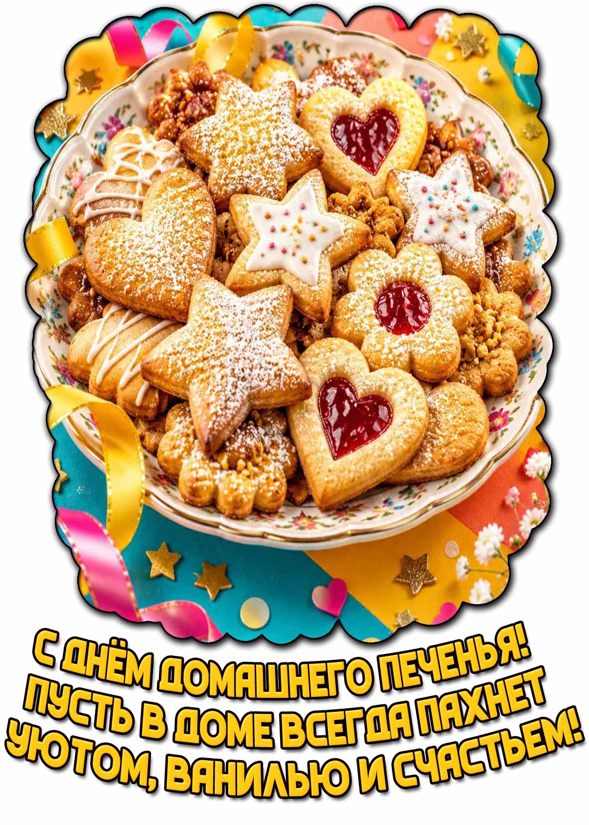Открытка "С днём домашнего печенья! Пусть в доме всегда пахнет уютом, ванилью и счастьем!"