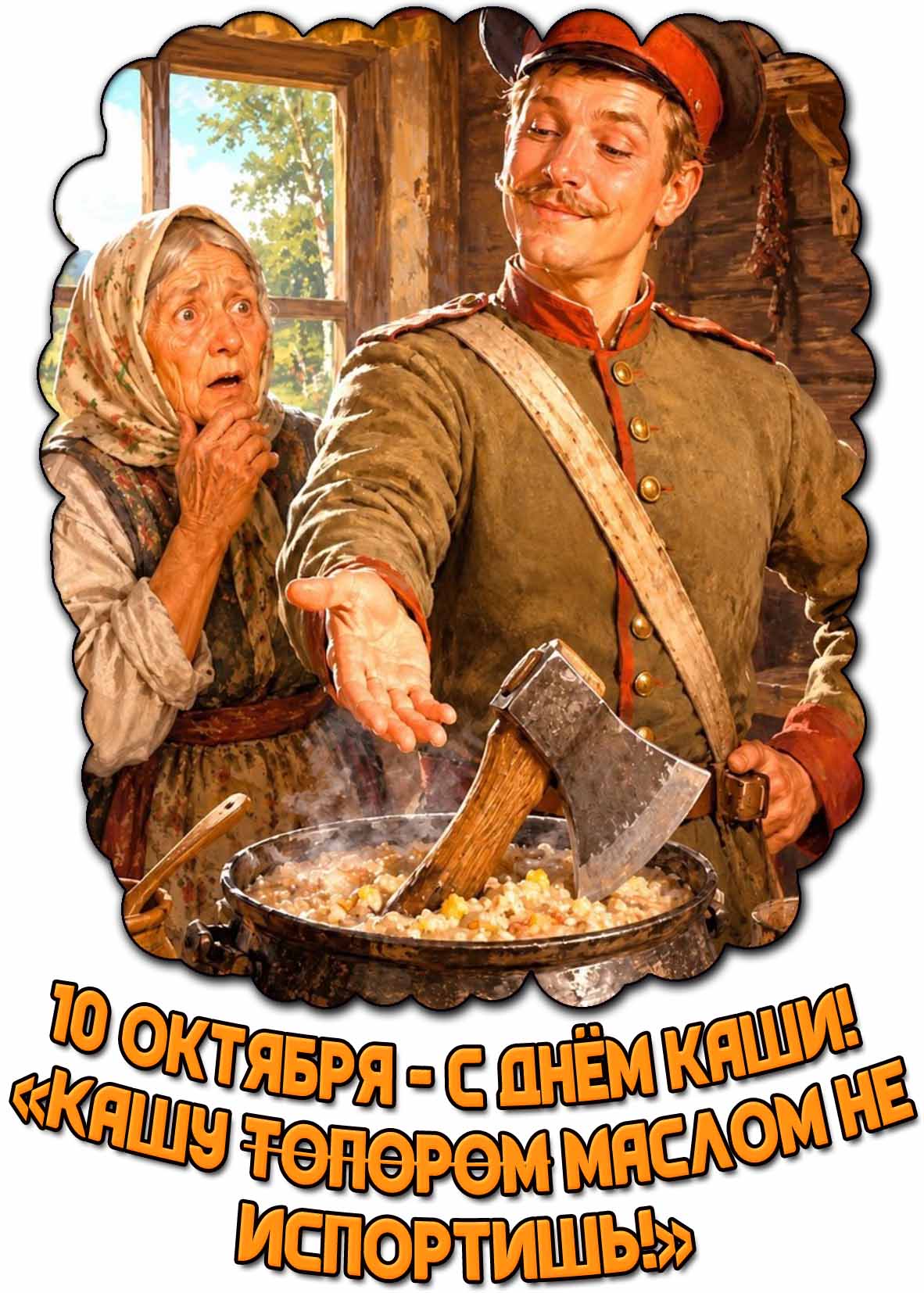 Прикольная открытка 10 октября - с днём каши! «Кашу топором маслом не испортишь!»