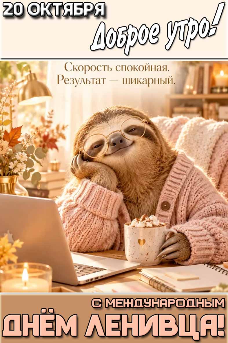 Картинка "20 октября доброе утро! С Международным днём ленивца! Скорость спокойная! Результат - шикарный!"