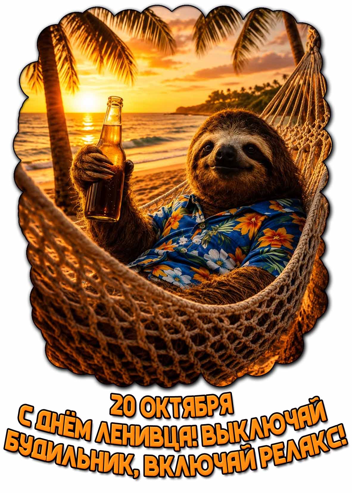 Прикольная открытка 20 октября - с днём ленивца! Выключай будильник, включай релакс!
