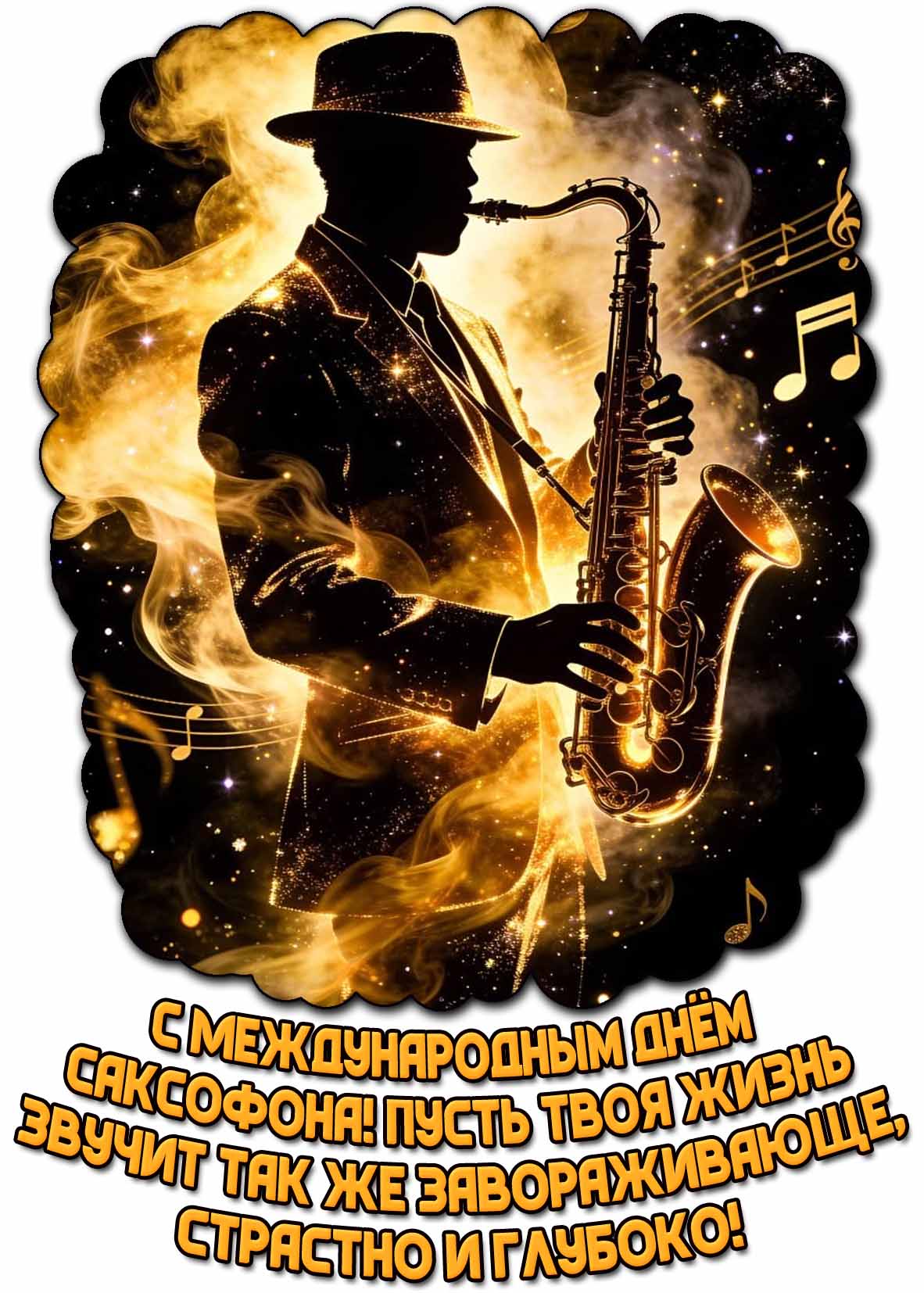 Открытка "С Международным днём саксофона! Пусть твоя жизнь звучит так же завораживающе, страстно и глубоко!"