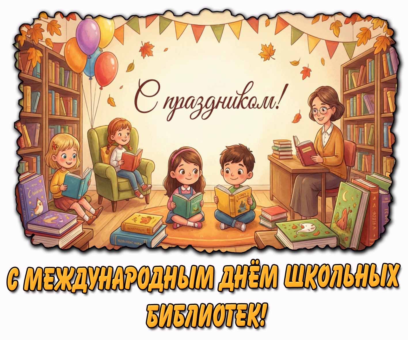 Детская осенняя открытка "С Международным днём школьных библиотек! С праздником!"