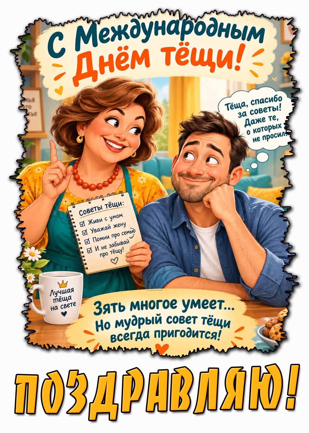Прикольная картинка "С международным днём тёщи! Тёща, спасибо за советы! Даже те, о которых не просил! Поздравляю!"