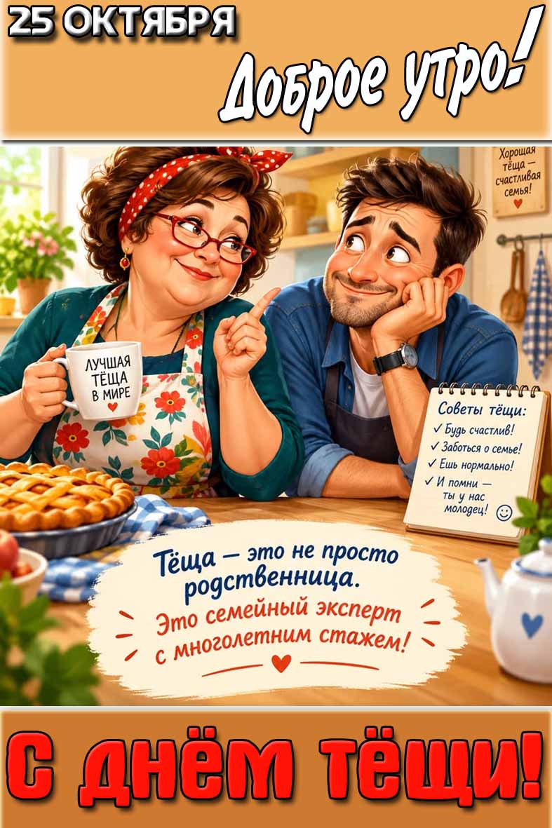 Открытка "25 октября доброе утро! С днём тёщи! Тёща - это не просто родственница! Это семейный эксперт с многолетним стажем!"