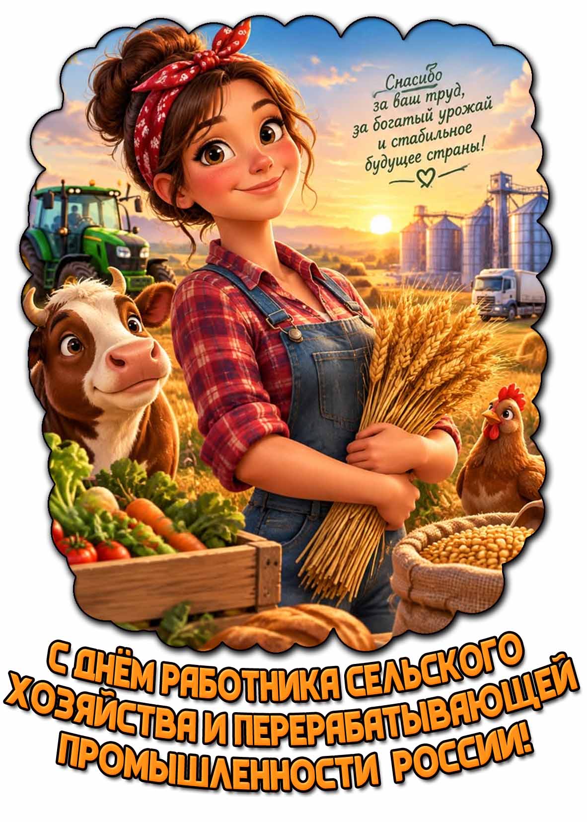 Мультяшная открытка "С днём работника сельского хозяйства и перерабатывающей промышленности России! Спасибо за ваш труд, за богатый урожай и стабильное будущее страны!"