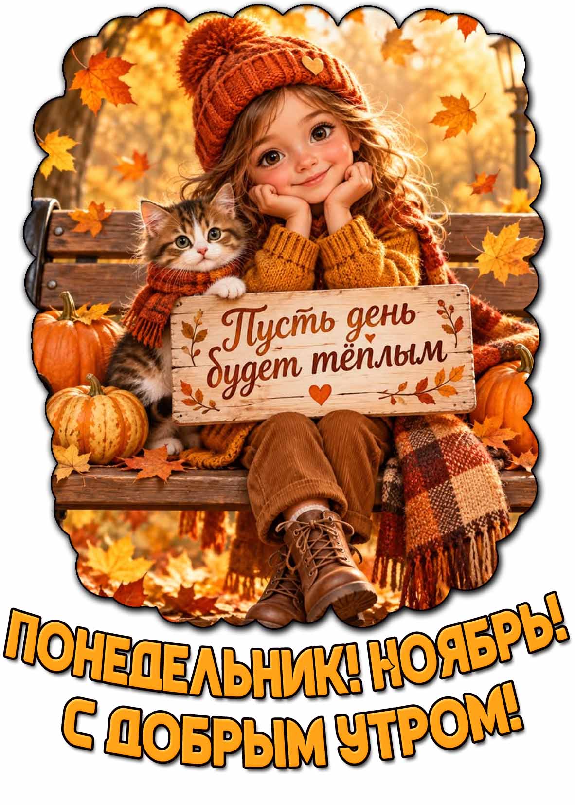 Открытка "Понедельник! Ноябрь! С добрым утром! Пусть день будет тёплым!"
