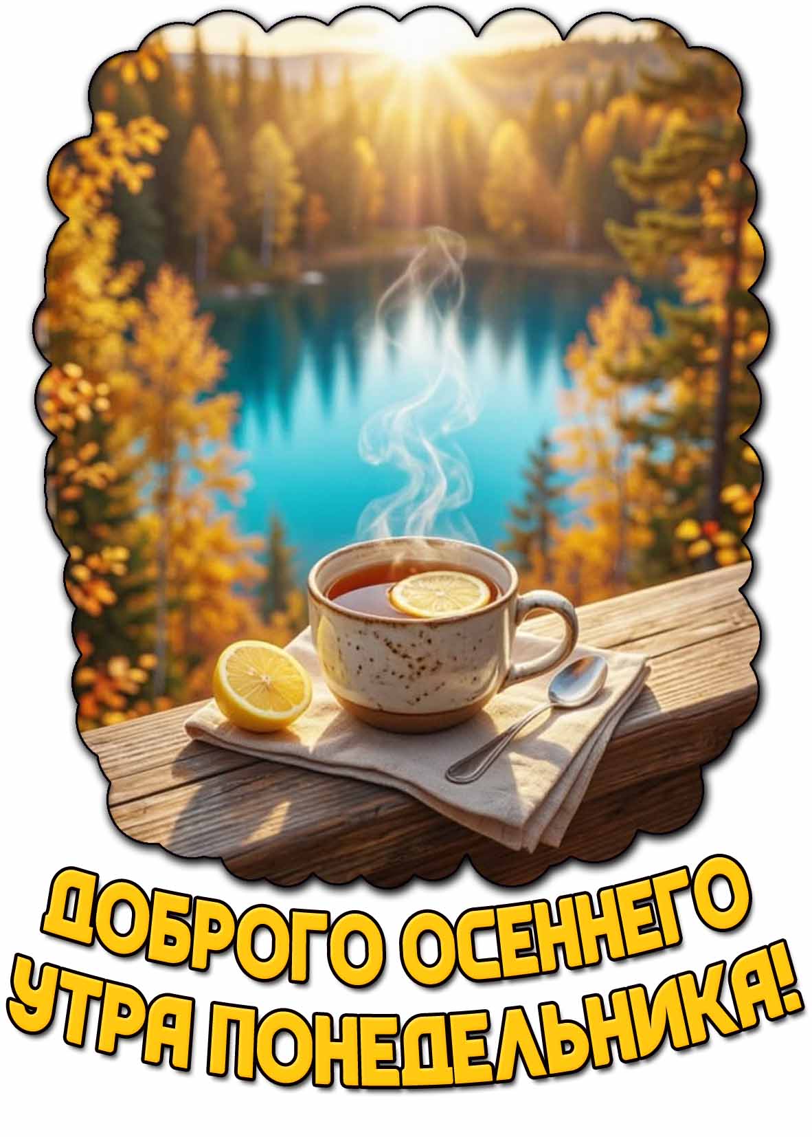 Доброго осеннего утра понедельника! - открытка с чаем с лимоном