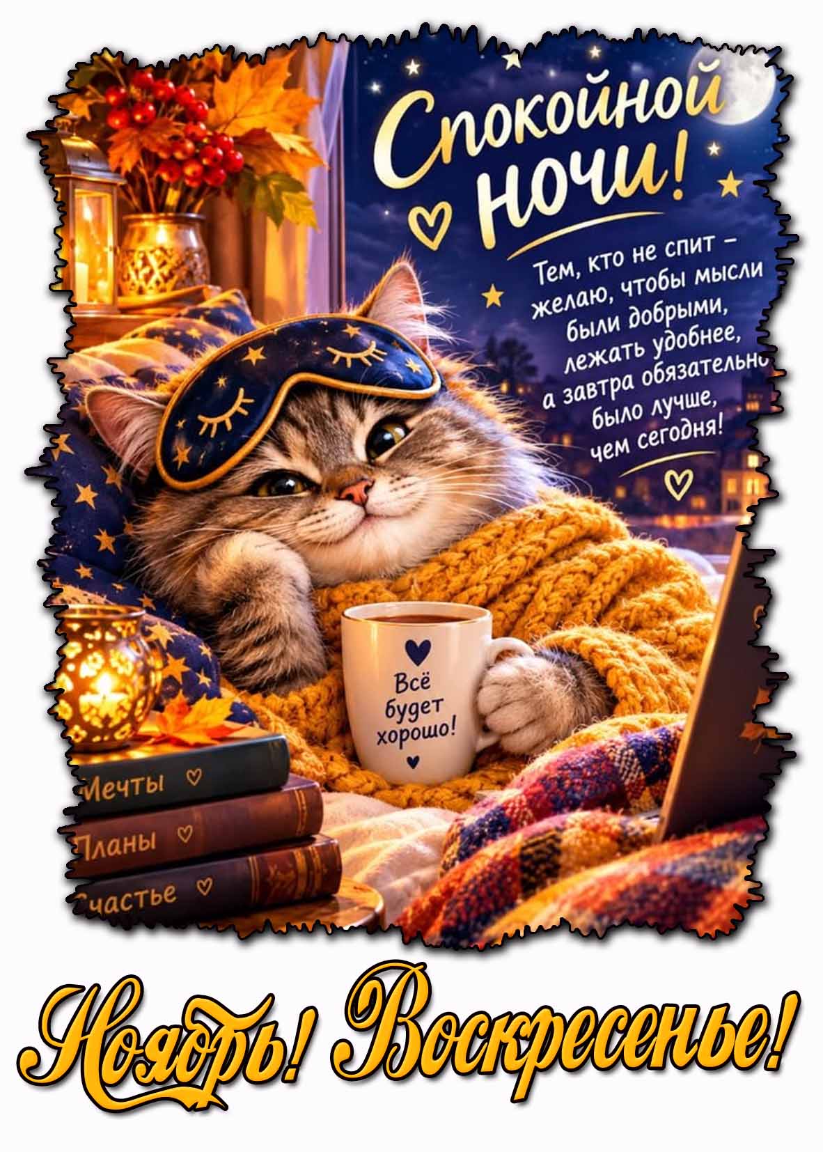 Красивая картинка с котиком в кровами с чашкой (Всё будет хорошо!) кофе, свечой, букетиком из осенних листьев на фоне луны, звёзд за окном и надписью : Ноябрь! Воскресенье! Спокойной ночи! Тем, кто не спит - желаю, чтобы мысли были добрыми, лежать удобнее, а завтра обязательно было лучше, чем сегодня! Ноябрь! Воскресенье! Спокойной ночи! - картинка с пожеланиями