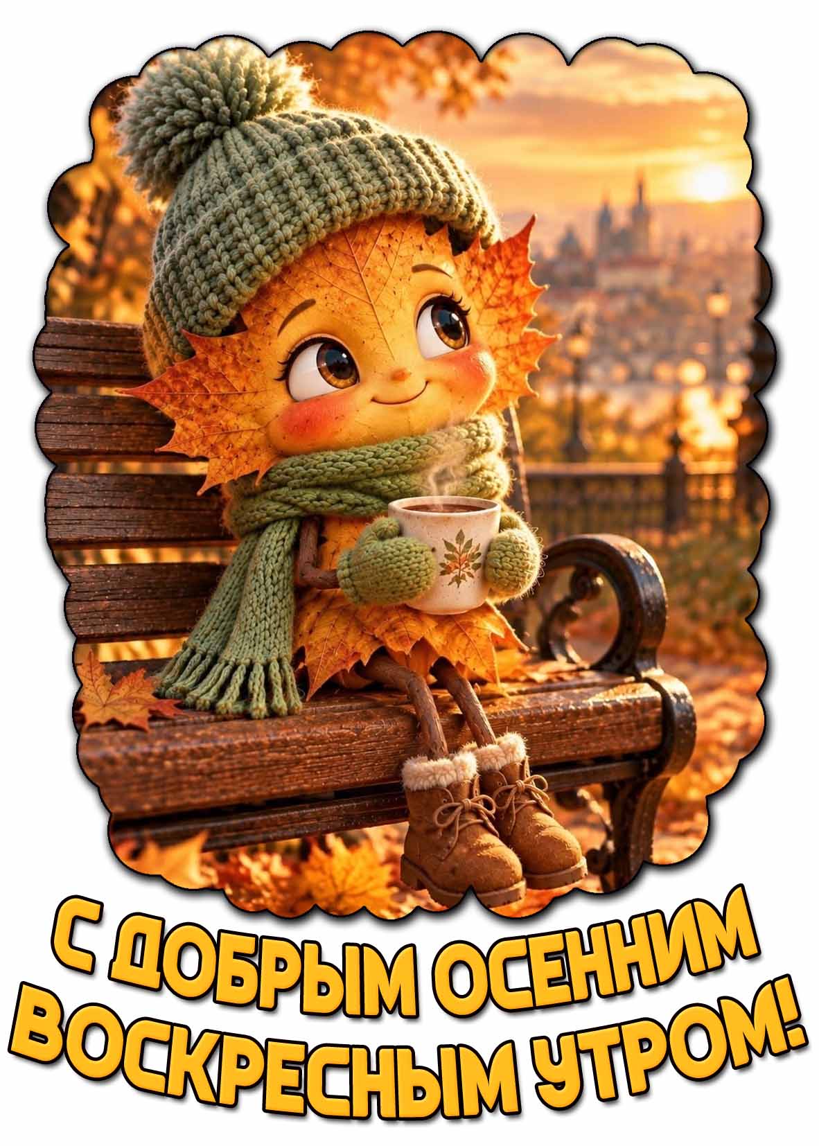 С добрым осенним воскресным утром! - мультяшная открытка с кленовым листом
