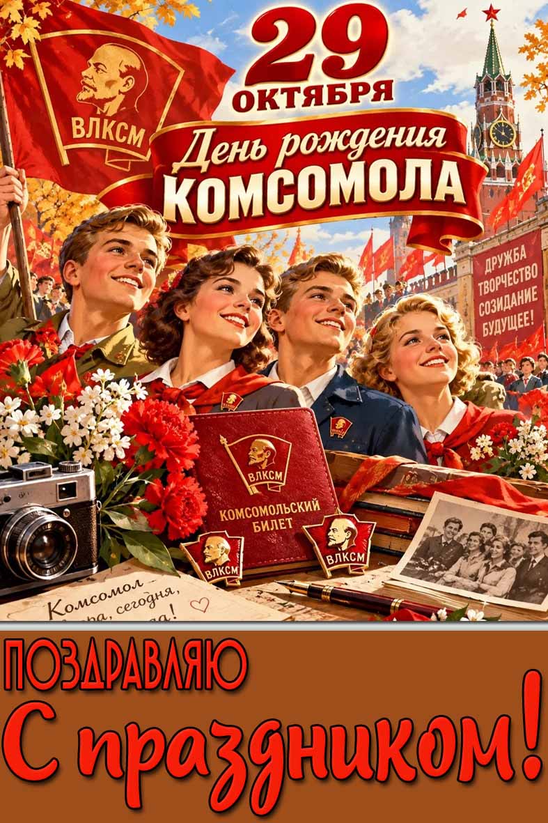 Красивая картинка с цветами, старинной фотографией, комсомольским билетом, значком ВЛКСМ и Советской молодёжью с красным флагом на фоне Кремля к 29 октября - день рождения Комсомола! Поздравляю с праздником! Дружба, творчество, созидание, будущее! Осенняя картинка 29 октября - день рождения Комсомола! Поздравляю с праздником!