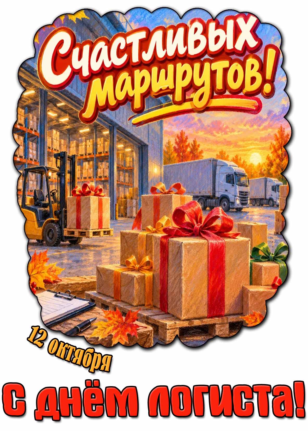 Осенняя открытка 12 октября - с днём логиста! Счастливых маршрутов!