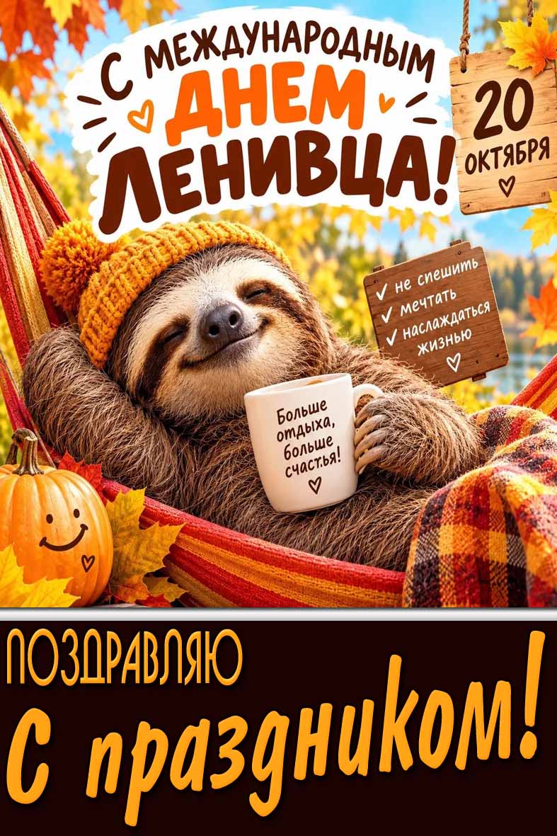 Осенняя открытка 20 октября - с Международным днём ленивца! Поздравляю с праздником!