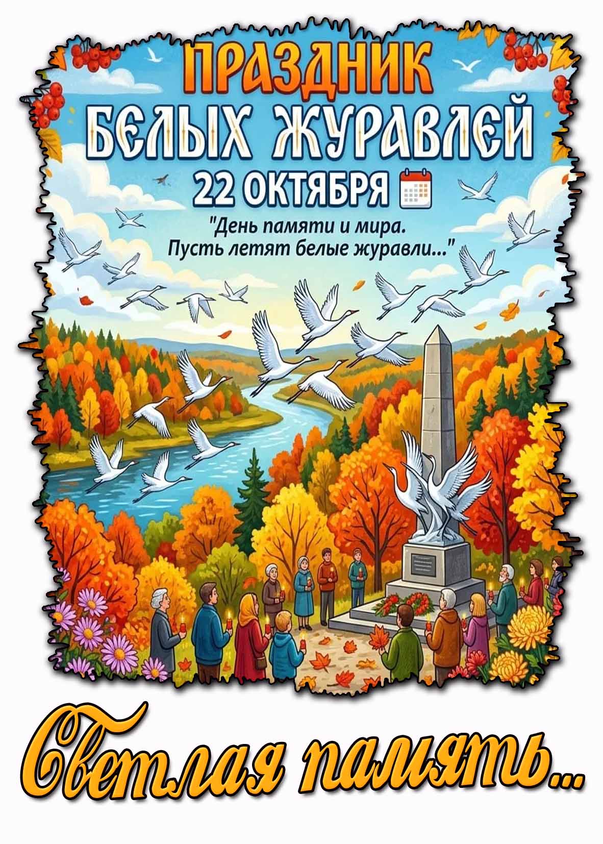 Осенняя открытка 22 октября - праздник белых журавлей! День памяти и мира! Пусть летят белые журавли... Светлая память...