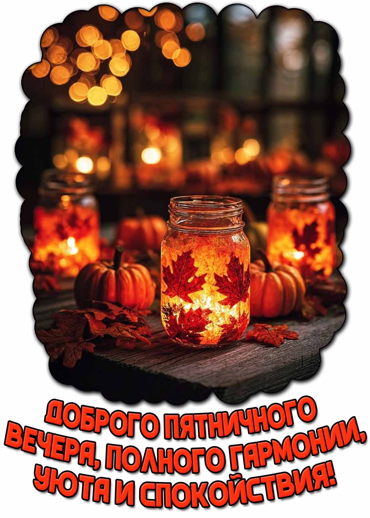 Красивая осенняя открытка со светящимися банками с кленовыми листьями, тыквами и надписью, чтобы пожелать : Доброго пятничного вечера, полного гармонии, уюта и спокойствия!