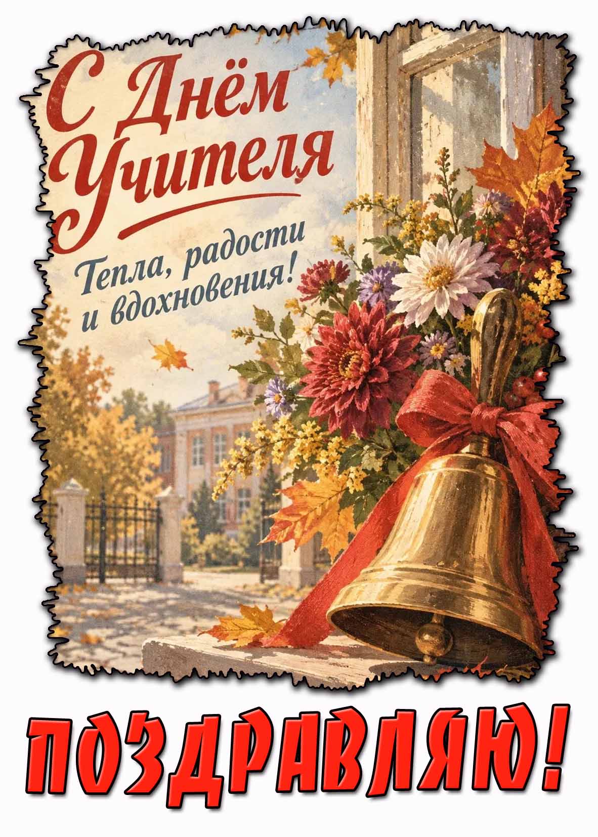Осенняя открытка "С днём учителя! Тепла, радости и вдохновения! Поздравляю!"