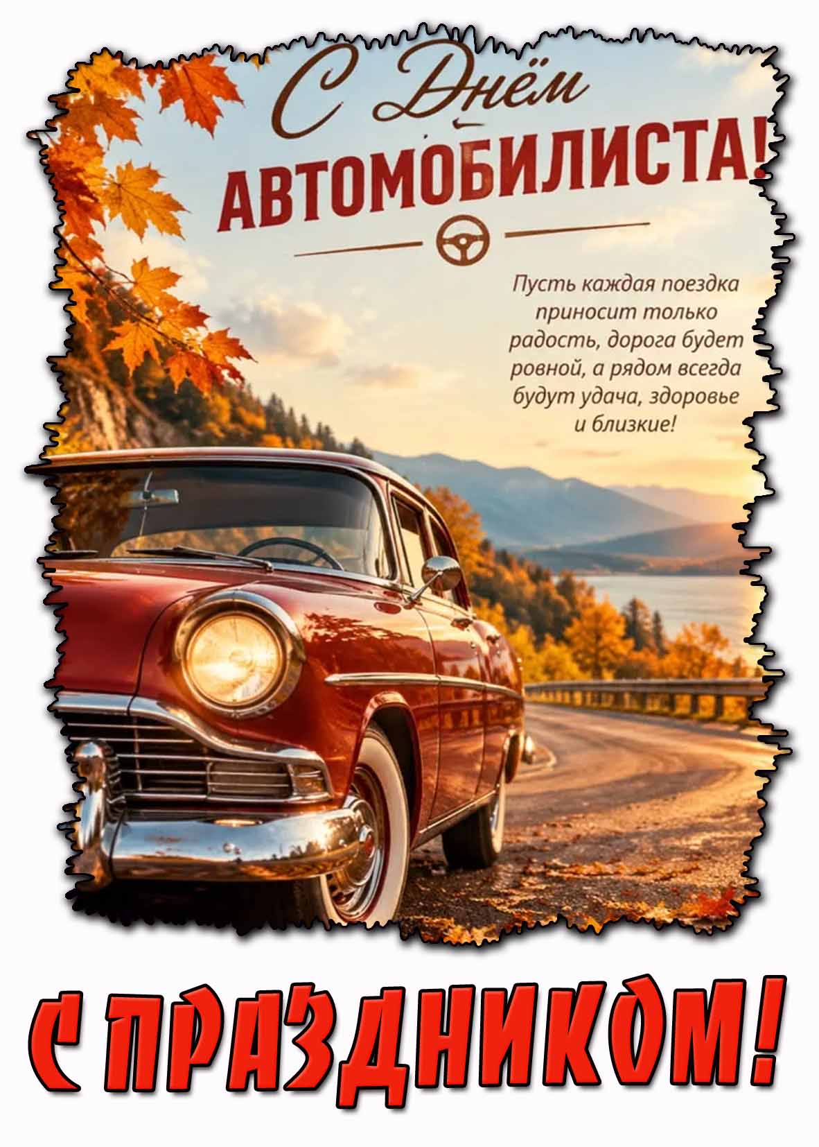 Картинка с красивой ретро машиной на фоне осеннего пейзажа, чтобы поздравить : С днём автомобилиста! Пусть каждая поездка приносит только радость, дорого будет ровной, а рядом всегда будут удача, здоровье и близкие! С праздником! Осенняя поздравительная картинка "С днём автомобилиста! С праздником!"