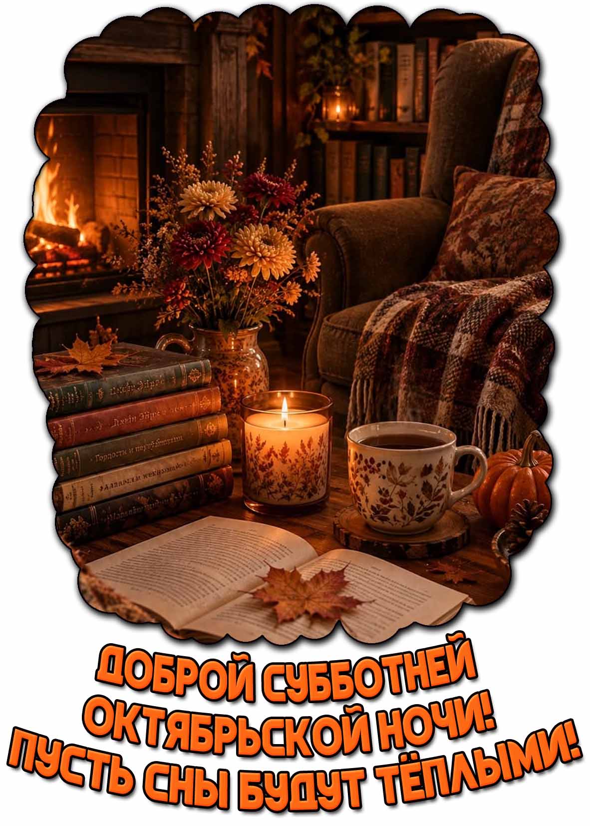 Открытка "Доброй субботней октябрьской ночи! Пусть сны будут тёплыми!"
