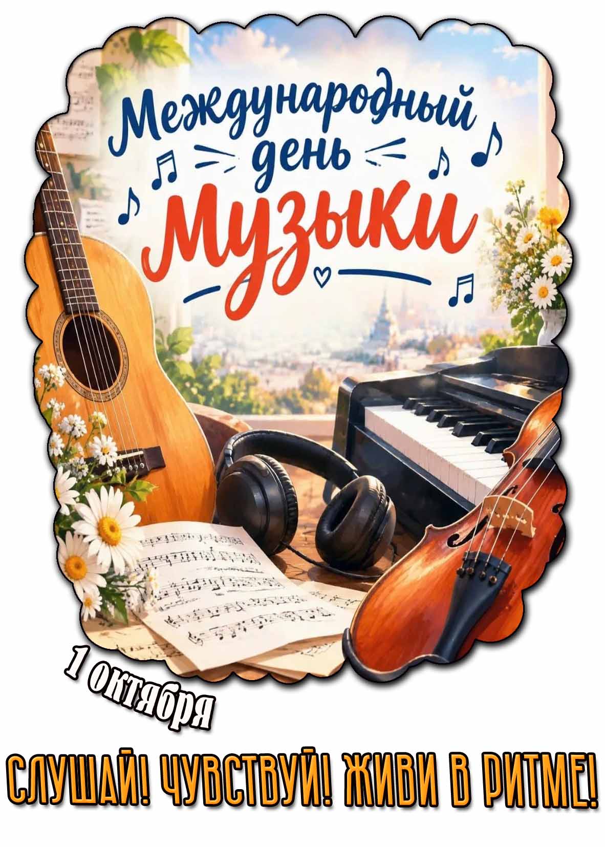 Открытка 1 октября - Международный день музыки! Слушай! Чувствуй! Живи в ритме!