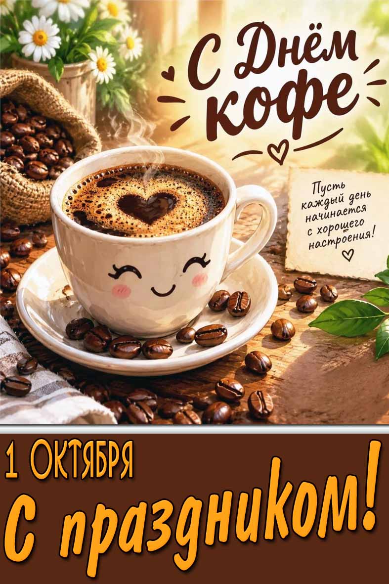 Открытка 1 октября - с днём кофе! Пусть каждый день начинается с хорошего настроения! С праздником!