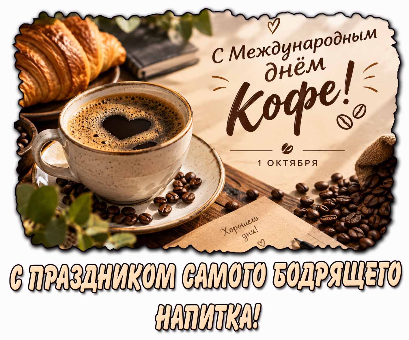 Открытка 1 октября - с Международным днём кофе! Хорошего дня! С праздником самого бодрящего напитка!