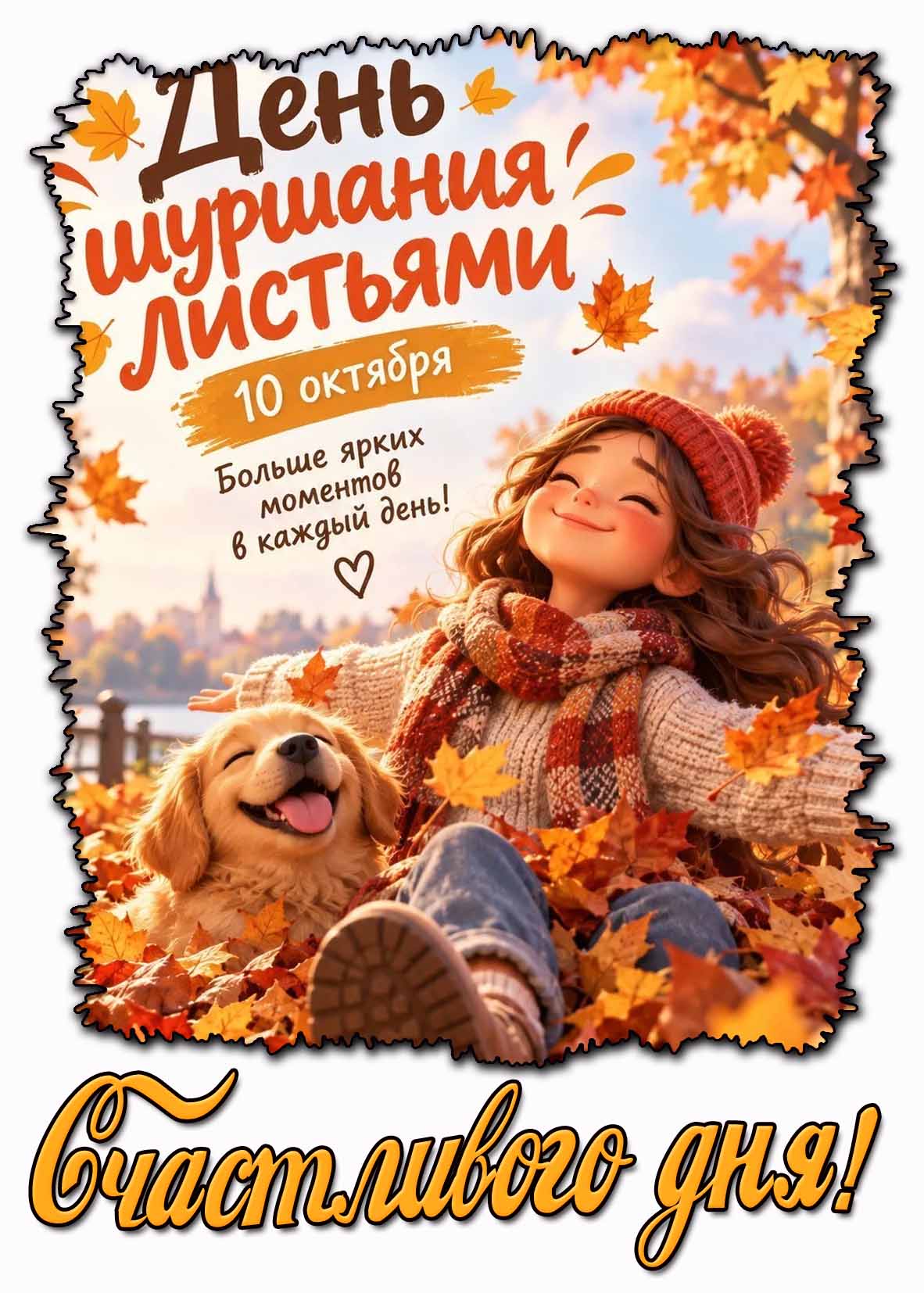 Открытка 10 октября - день шуршания листьями! Больше ярких моментов в каждый день! Счастливого дня!