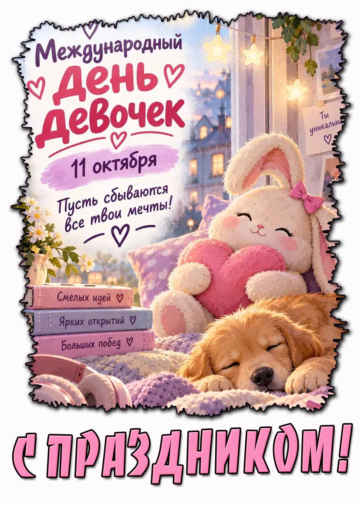 Открытка 11 октября - Международный день девочек! Пусть сбываются все твои мечты! С праздником!