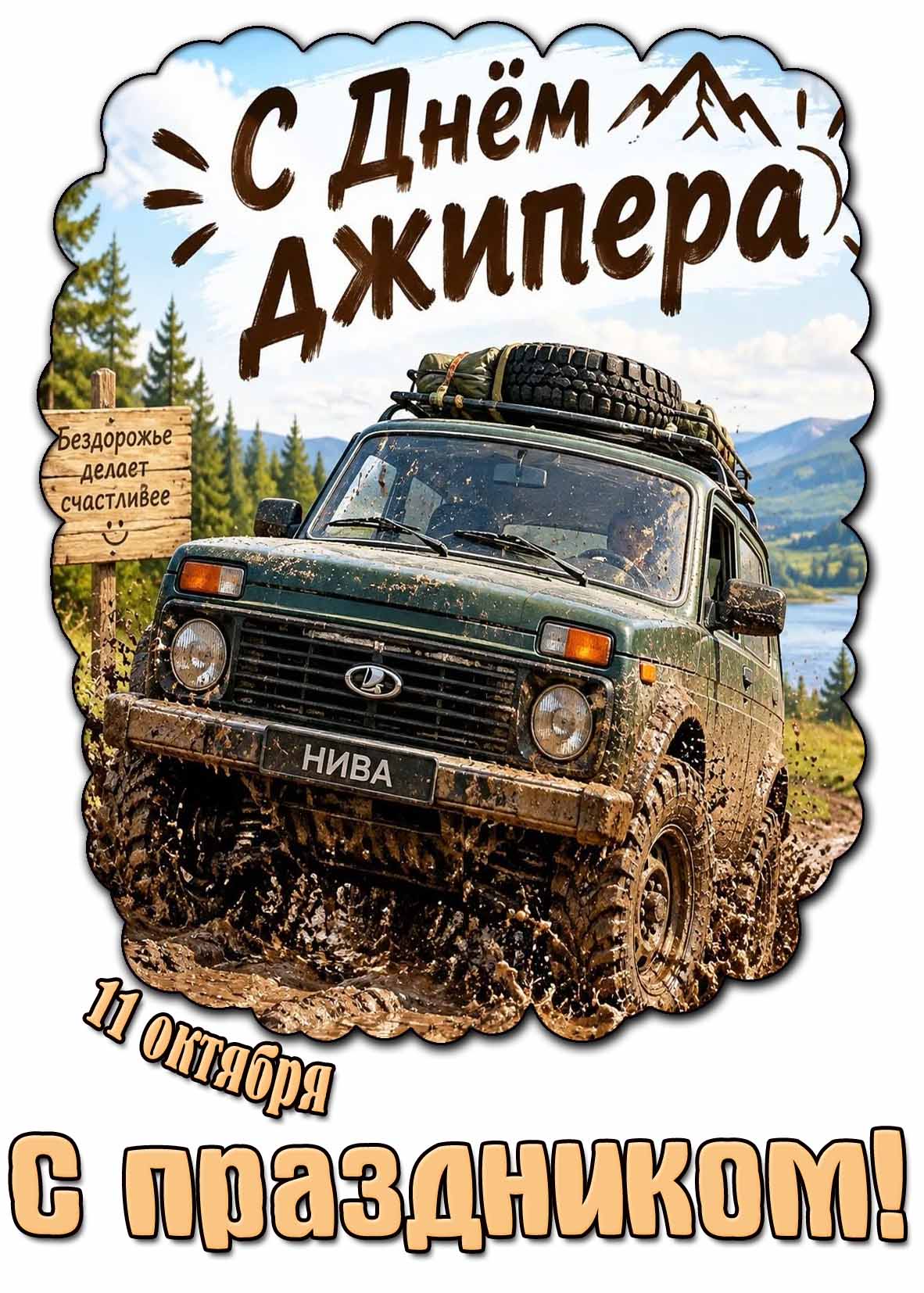 Открытка 11 октября - с днём джипера! Бездорожье делает счастливее! С праздником!