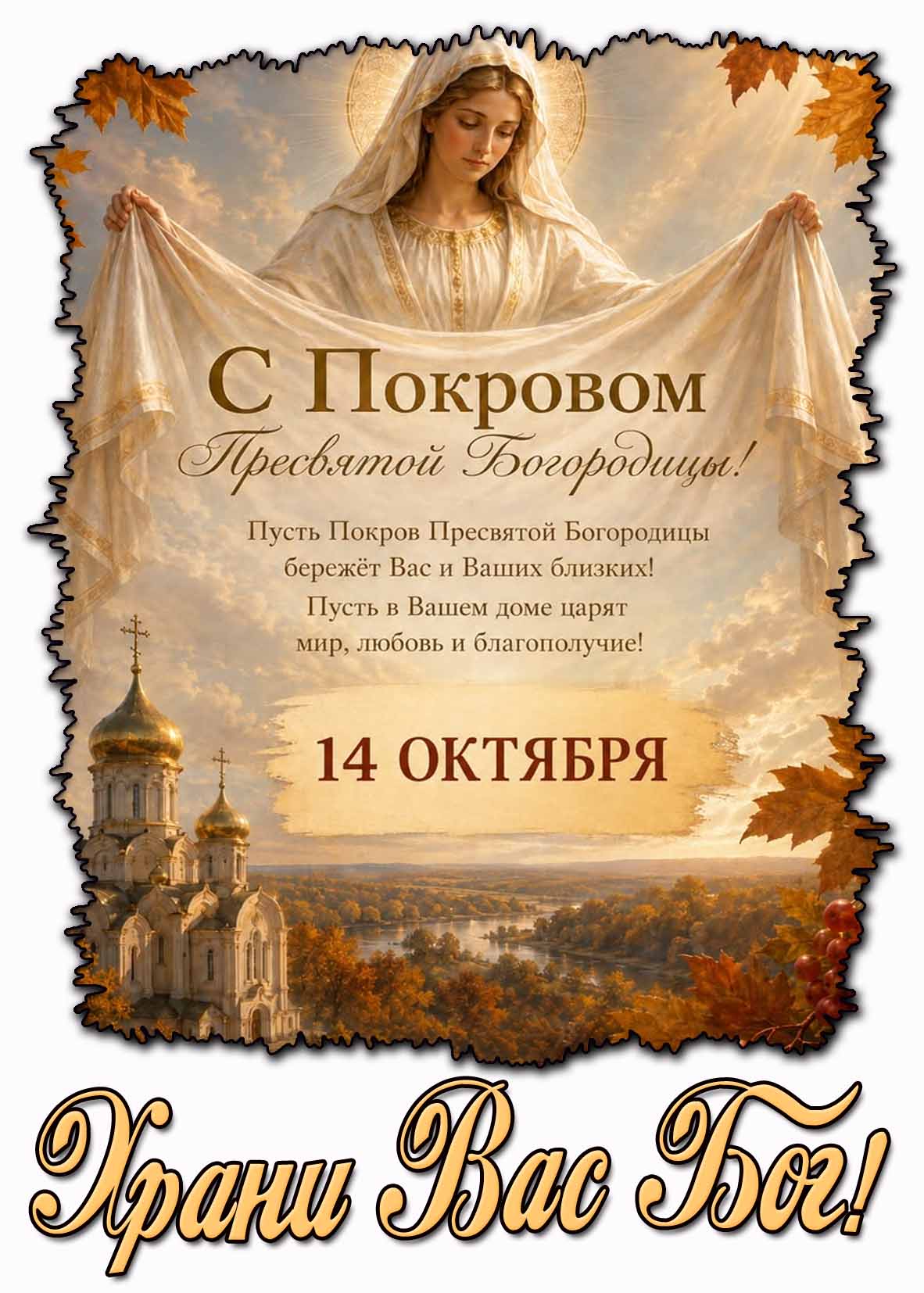 Открытка 14 октября - с Покровом Пресвятой Богородицы! Храни Вас Бог!