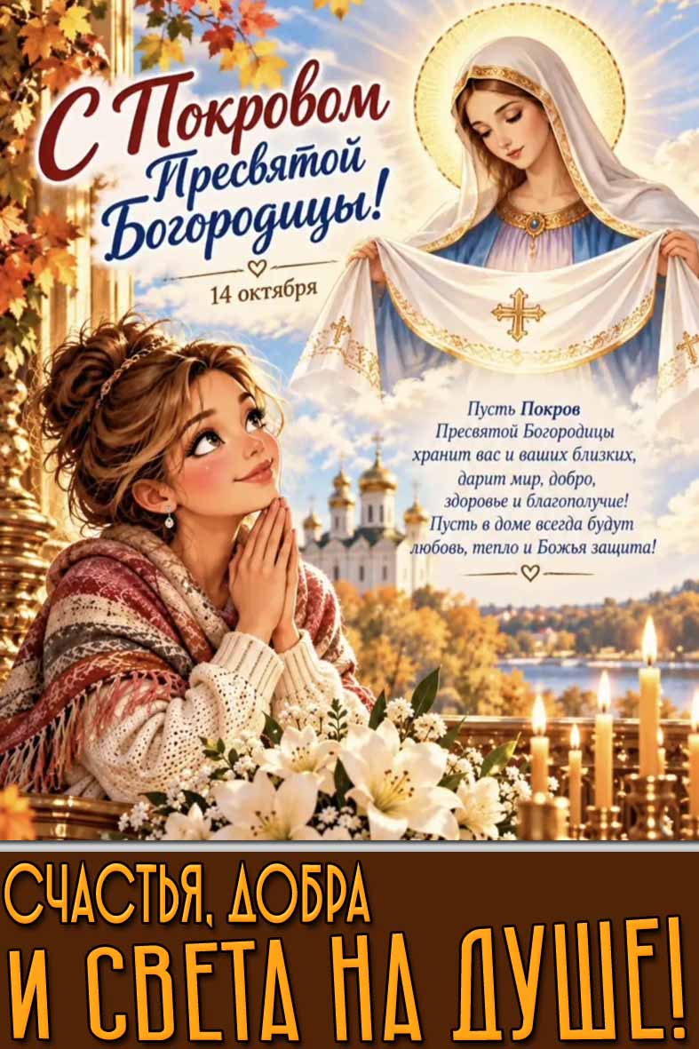 Открытка 14 октября - с Покровом Пресвятой Богородицы! Счастья, добра и света на душе!